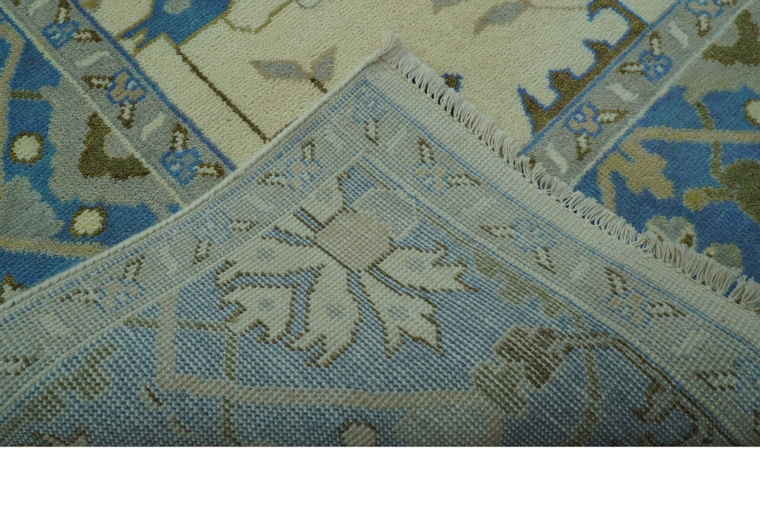 Beige and Blue Hand Knotted Oushak Custom Made wool Rug - The Rug Decor