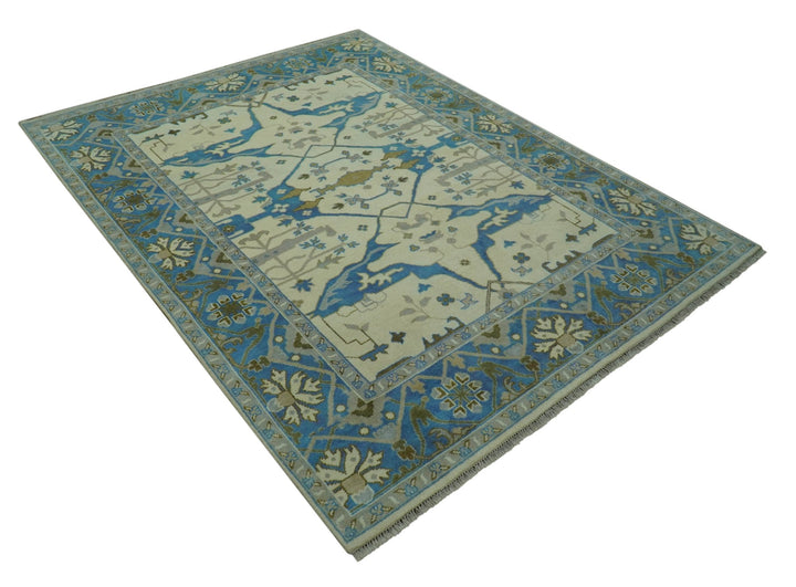 Beige and Blue Hand Knotted Oushak Custom Made wool Rug - The Rug Decor