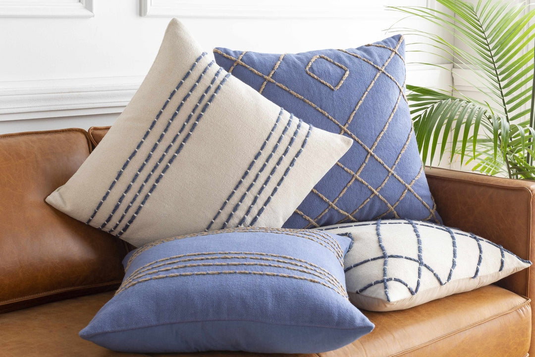 Beige and Blue Stripe Design Square Throw Pillow - The Rug Decor