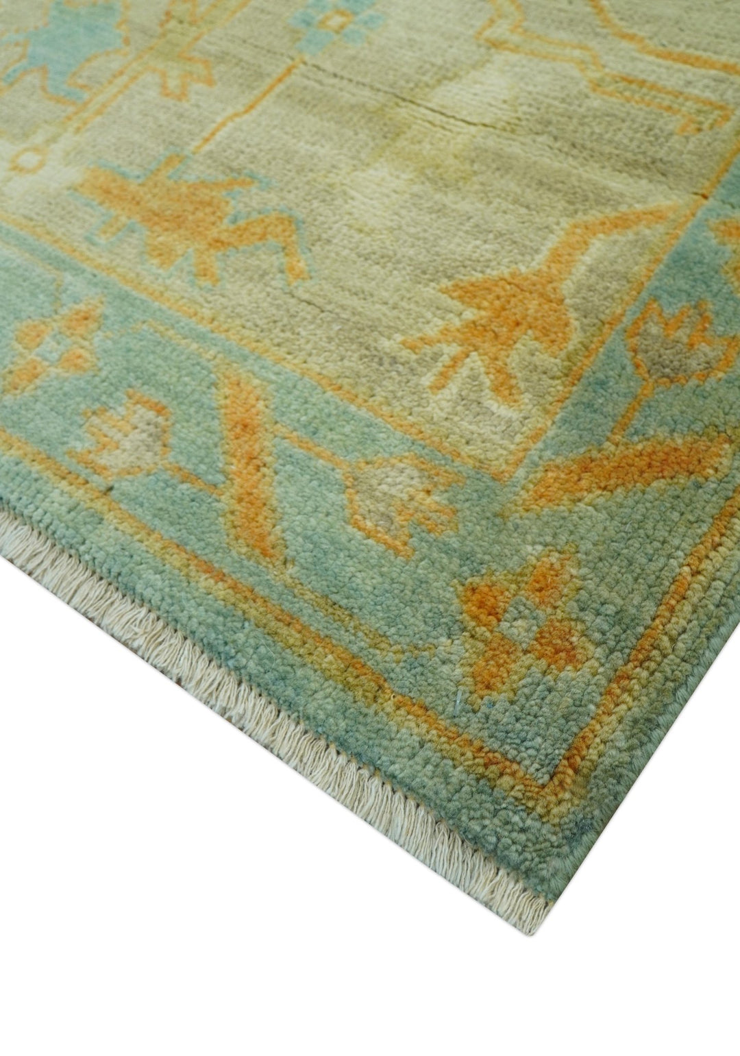 Beige And Blue Traditional 8x10 Hand Knotted Wool Area Rug - The Rug Decor