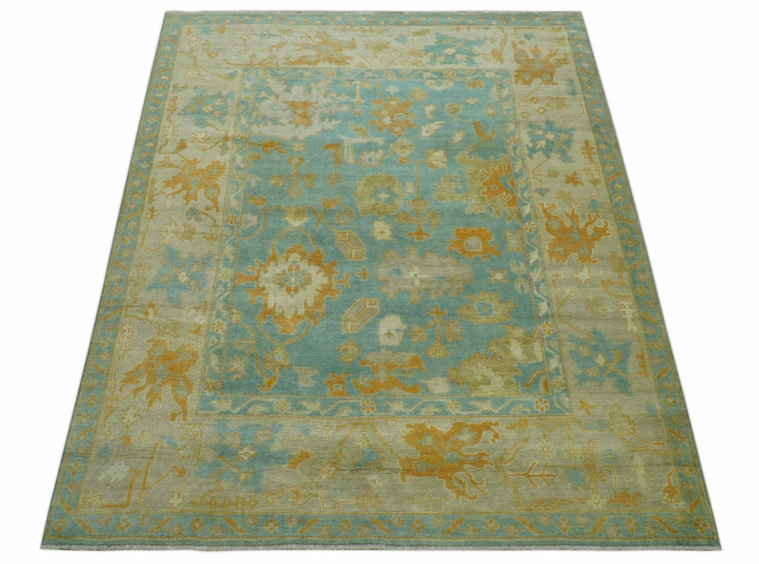 Beige And Blue Traditional 8x10 Hand Knotted Wool Area Rug - The Rug Decor