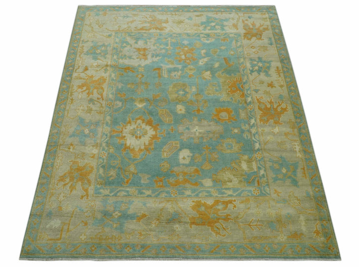 Beige And Blue Traditional 8x10 Hand Knotted Wool Area Rug - The Rug Decor
