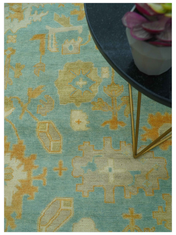 Beige And Blue Traditional 8x10 Hand Knotted Wool Area Rug - The Rug Decor