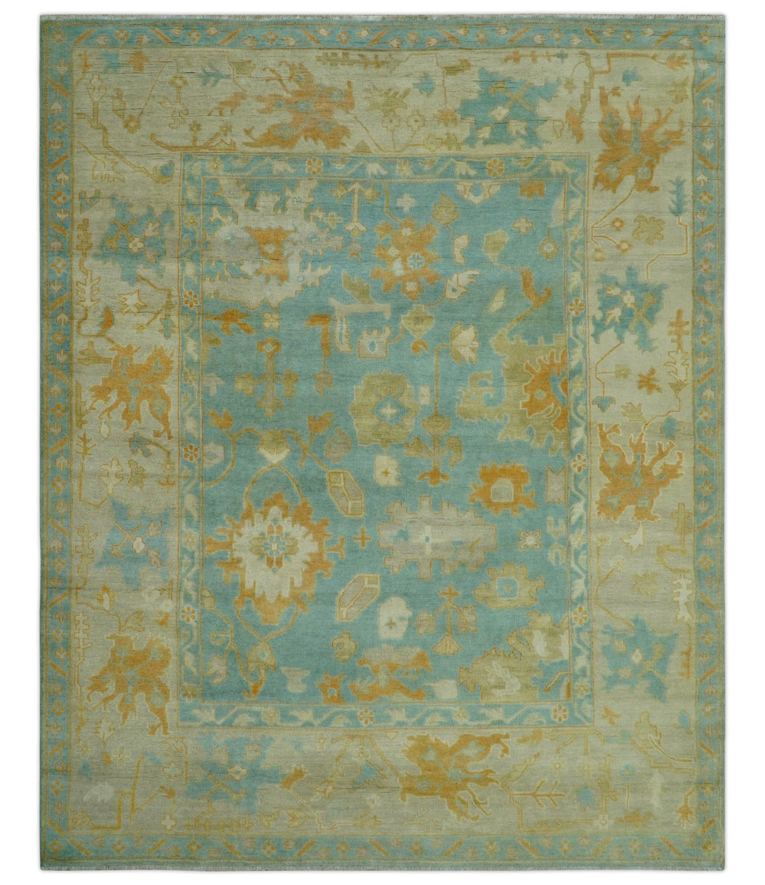 Beige And Blue Traditional 8x10 Hand Knotted Wool Area Rug - The Rug Decor