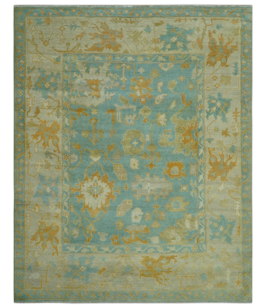 Beige And Blue Traditional 8x10 Hand Knotted Wool Area Rug - The Rug Decor