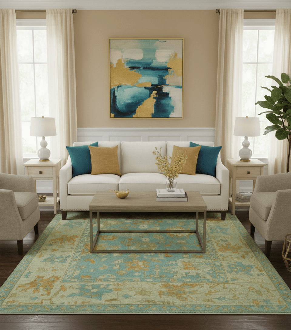 Beige And Blue Traditional 8x10 Hand Knotted Wool Area Rug - The Rug Decor