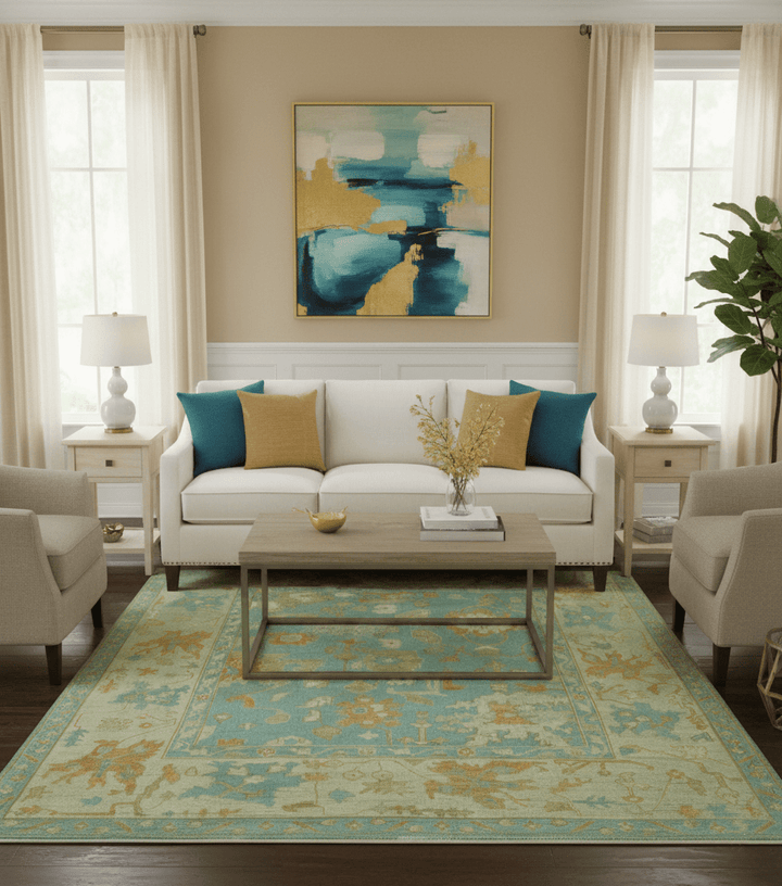 Beige And Blue Traditional 8x10 Hand Knotted Wool Area Rug - The Rug Decor