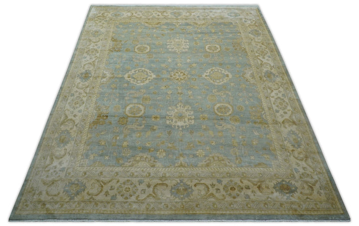 Beige And Blue Traditional Oushak Design 12x15 Hand Knotted Wool Rug - The Rug Decor