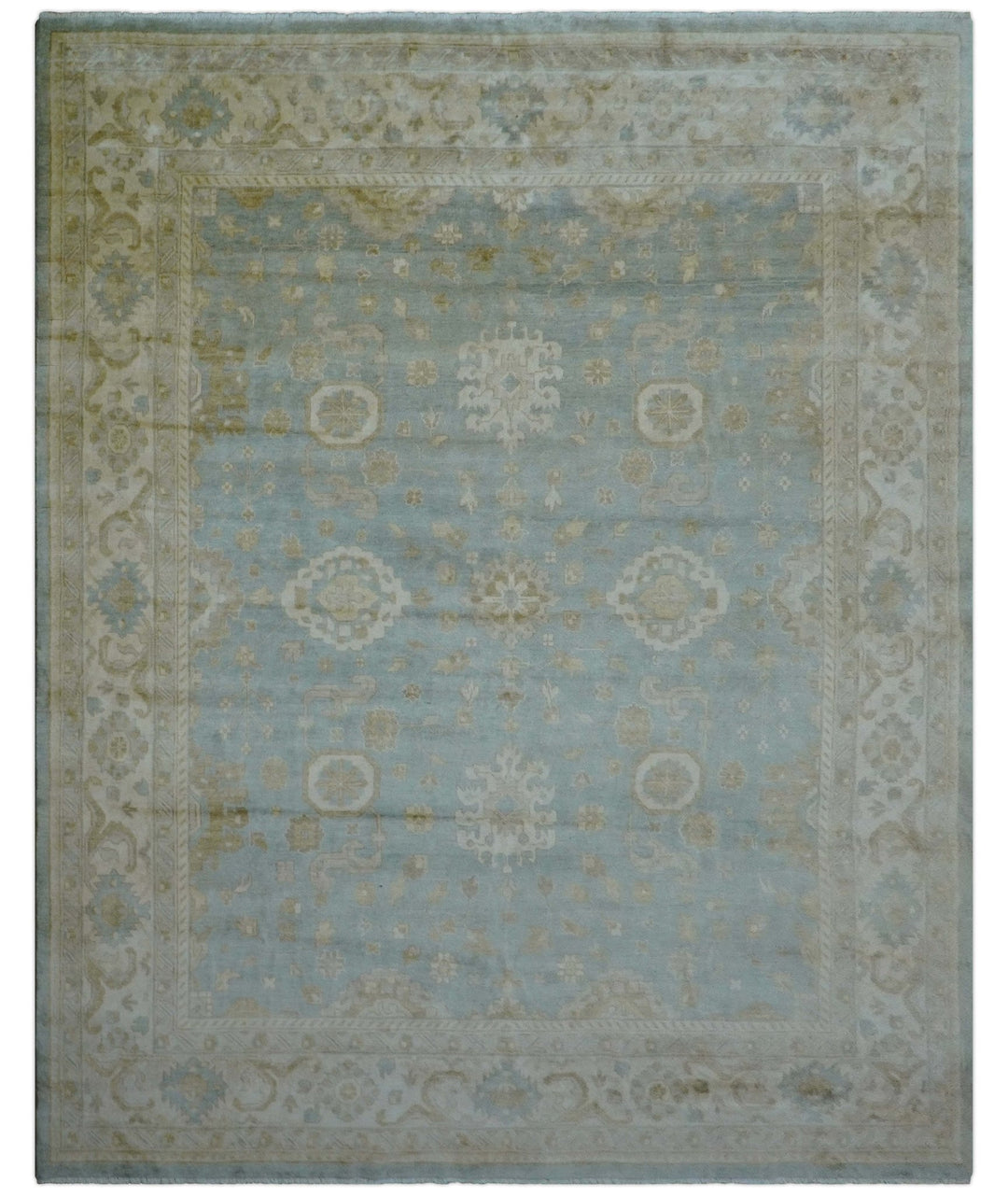 Beige And Blue Traditional Oushak Design 12x15 Hand Knotted Wool Rug - The Rug Decor