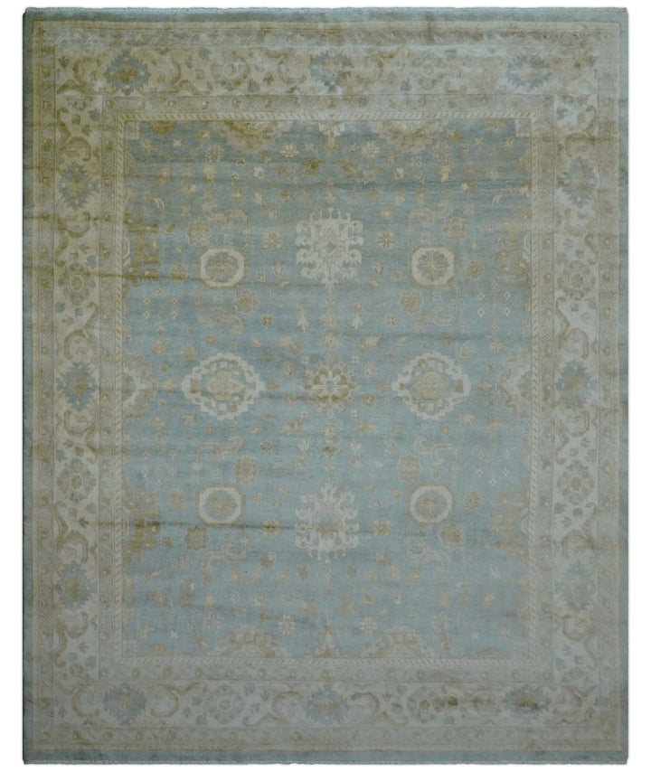 Beige And Blue Traditional Oushak Design 12x15 Hand Knotted Wool Rug - The Rug Decor