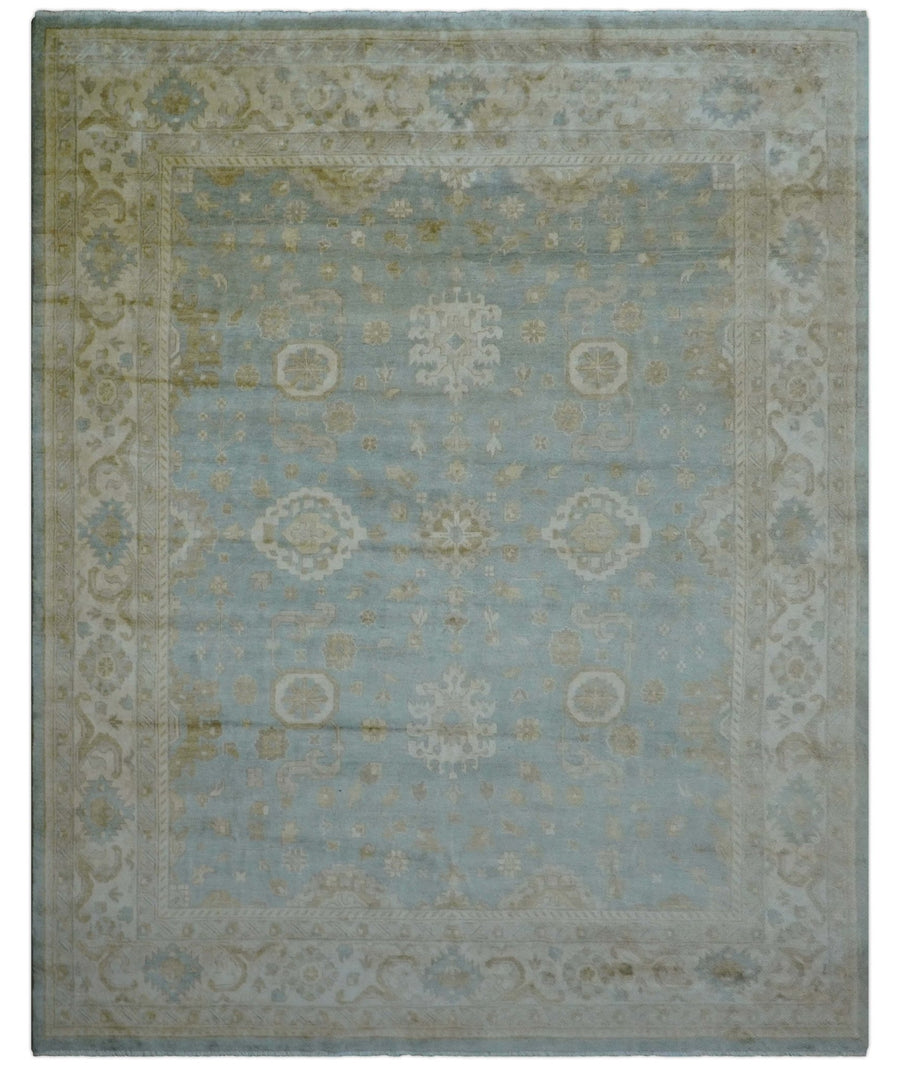 Beige And Blue Traditional Oushak Design 12x15 Hand Knotted Wool Rug - The Rug Decor
