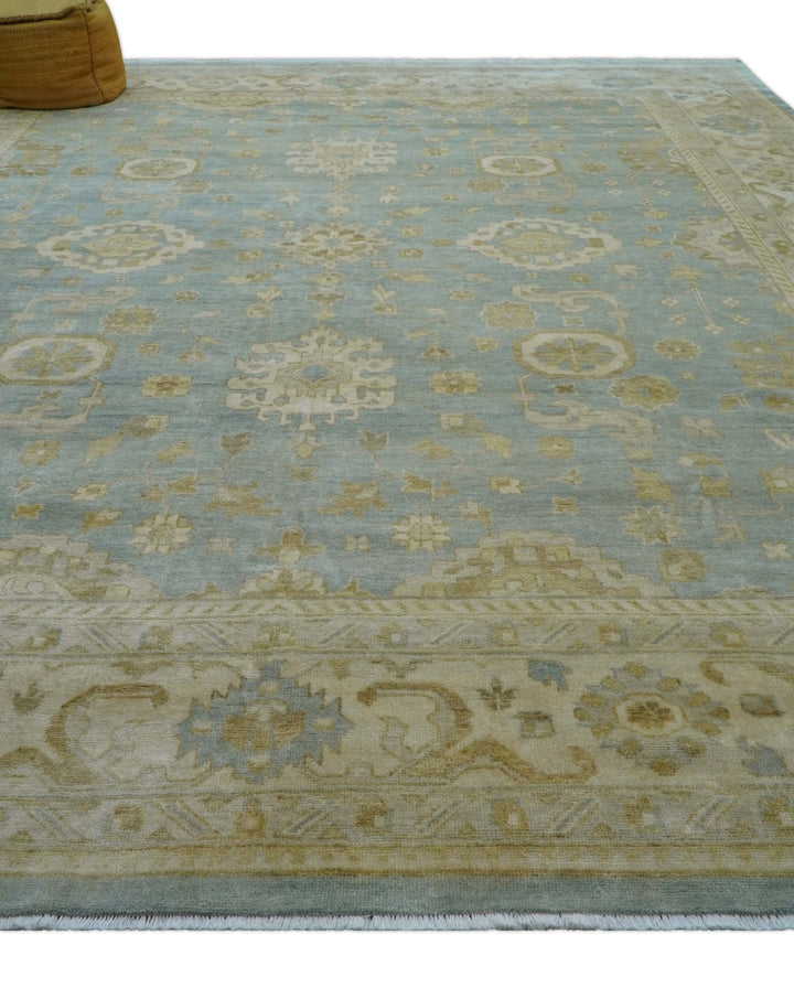 Beige And Blue Traditional Oushak Design 12x15 Hand Knotted Wool Rug - The Rug Decor