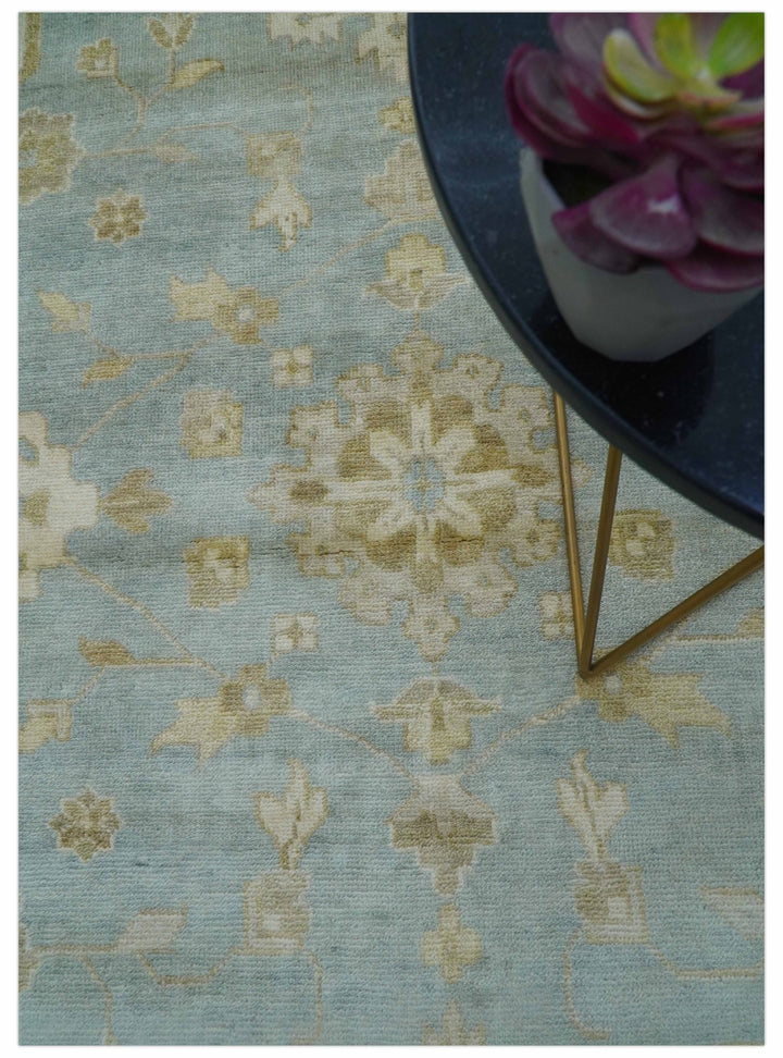 Beige And Blue Traditional Oushak Design 12x15 Hand Knotted Wool Rug - The Rug Decor