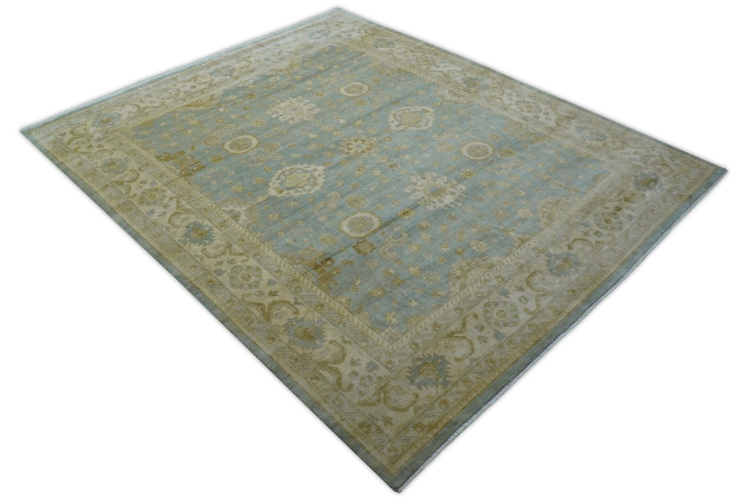 Beige And Blue Traditional Oushak Design 12x15 Hand Knotted Wool Rug - The Rug Decor