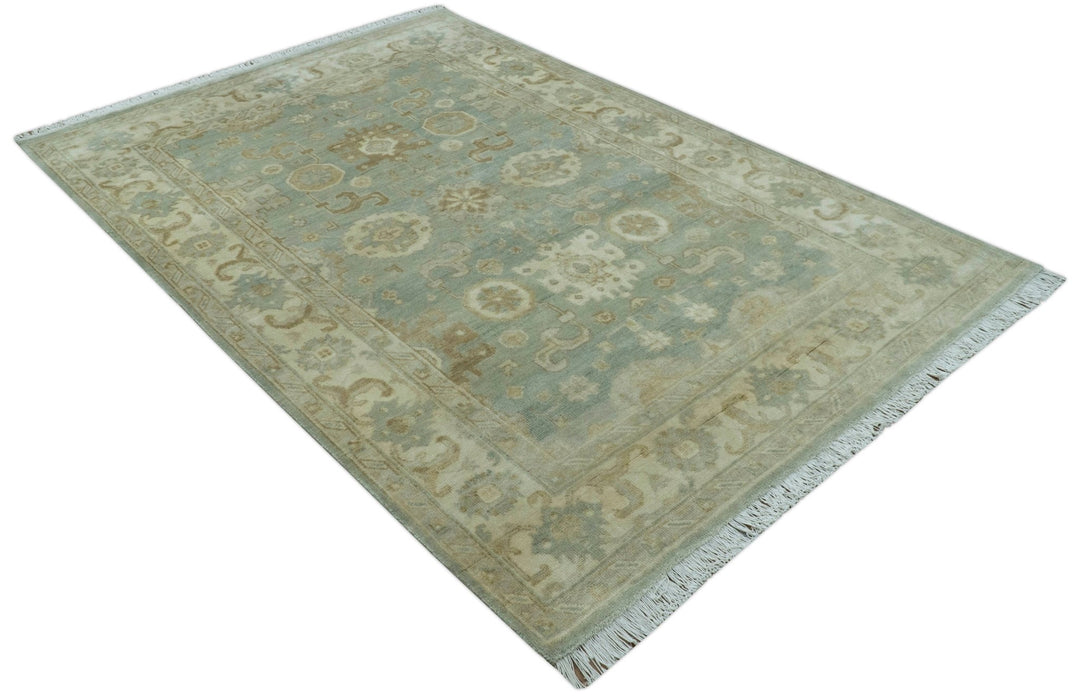 Beige And Blue Traditional Oushak Design 6x9 Hand Knotted Wool Area Rug - The Rug Decor