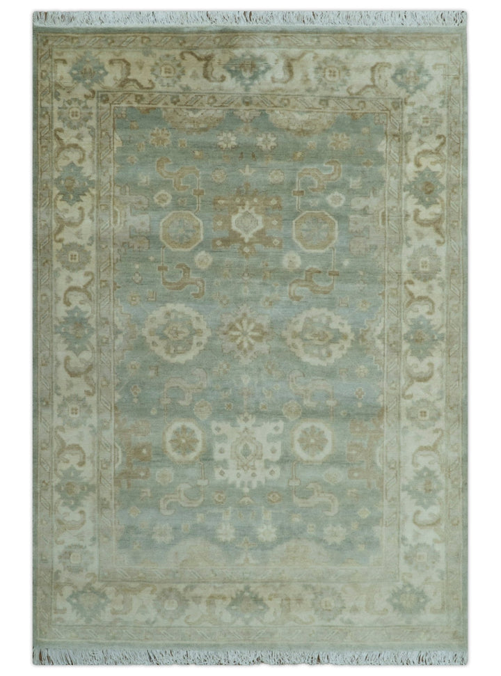Beige And Blue Traditional Oushak Design 6x9 Hand Knotted Wool Area Rug - The Rug Decor