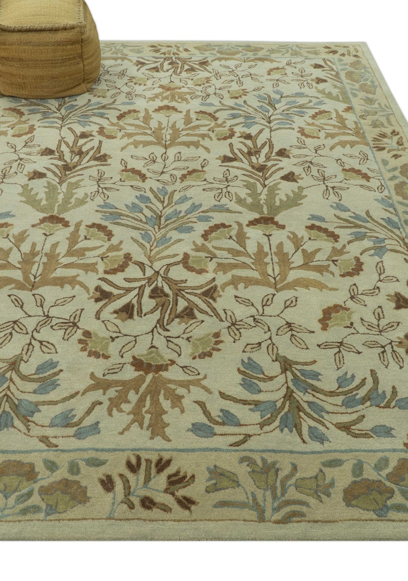 Beige And Brown Traditional Floral Design Hand Tufted 8x10 Wool Area Rug - The Rug Decor