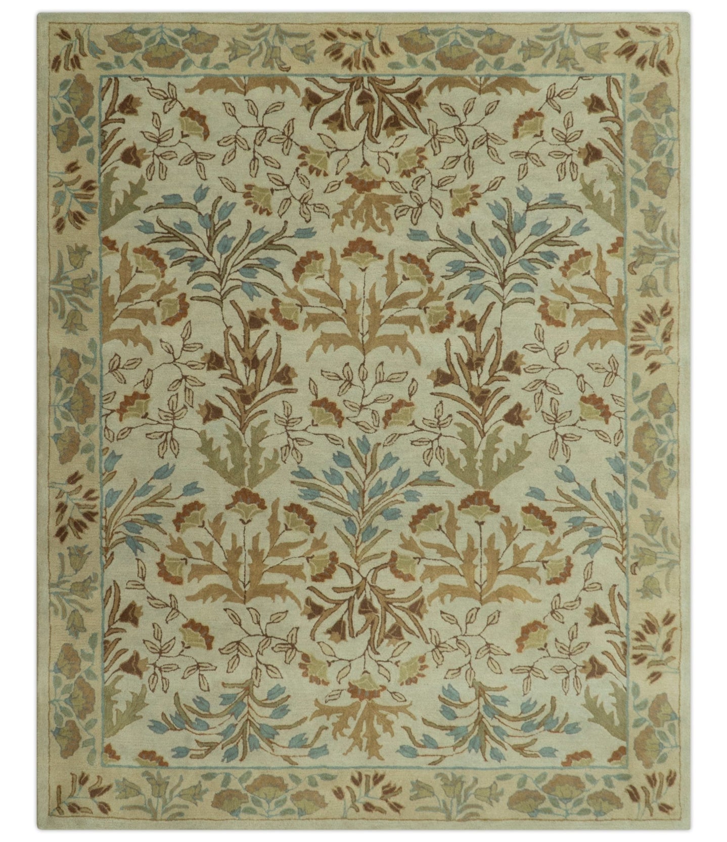 Beige And Brown Traditional Floral Design Hand Tufted 8x10 Wool Area Rug - The Rug Decor