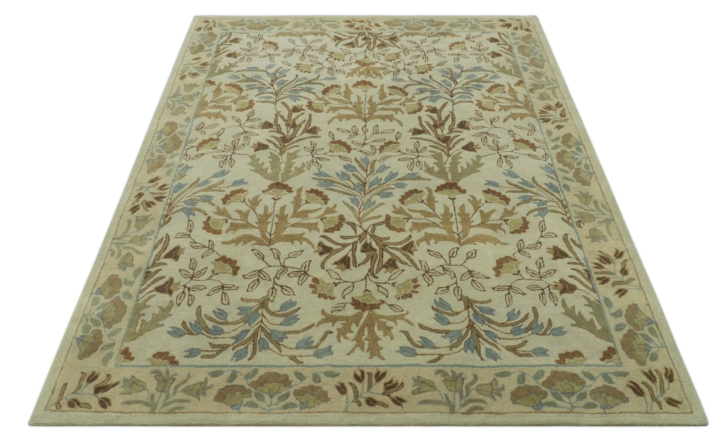Beige And Brown Traditional Floral Design Hand Tufted 8x10 Wool Area Rug - The Rug Decor