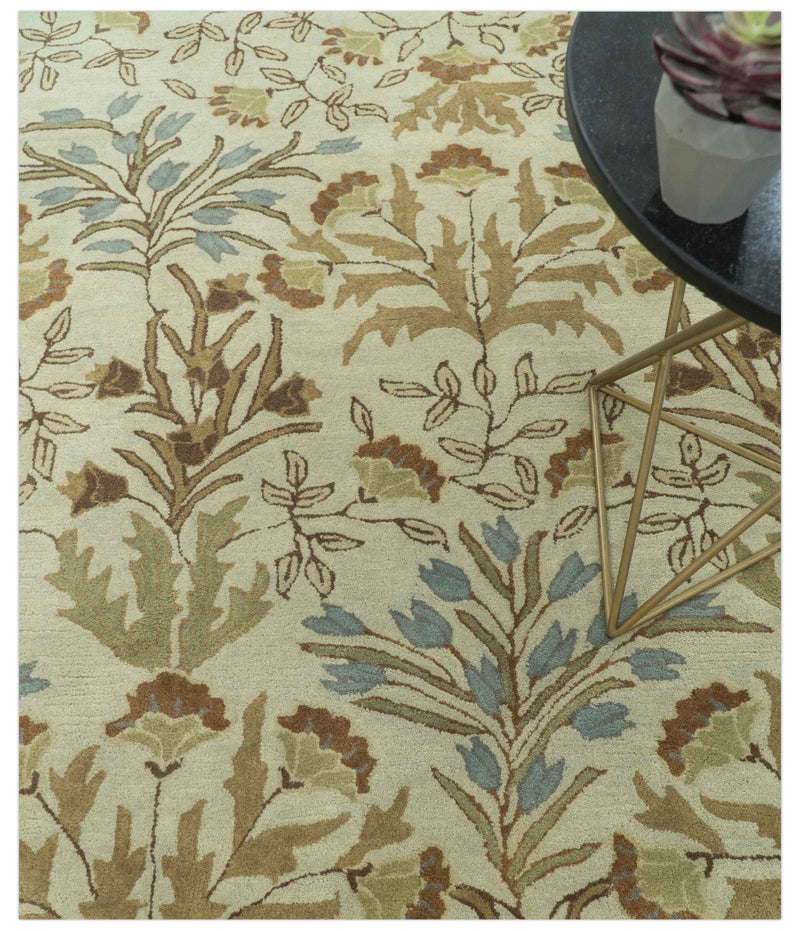 Beige And Brown Traditional Floral Design Hand Tufted 8x10 Wool Area Rug - The Rug Decor