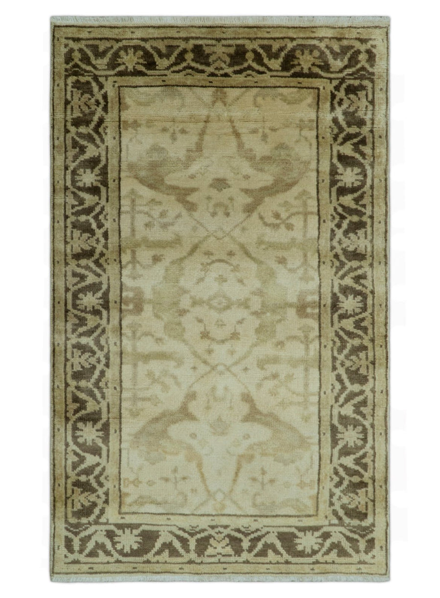 Beige And Brown Traditional Oushak Design Hand Knotted 3x5 Wool Area Rug - The Rug Decor