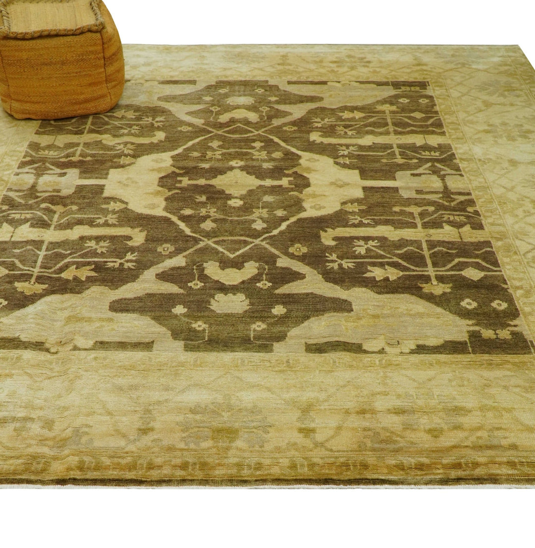 Beige And Brown Traditional Oushak Hand knotted Wool Area Rug - The Rug Decor
