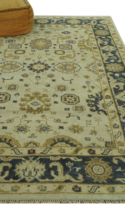 Beige and Charcoal 6x9 Hand Knotted Traditional Oriental Oushak wool area rug - The Rug Decor