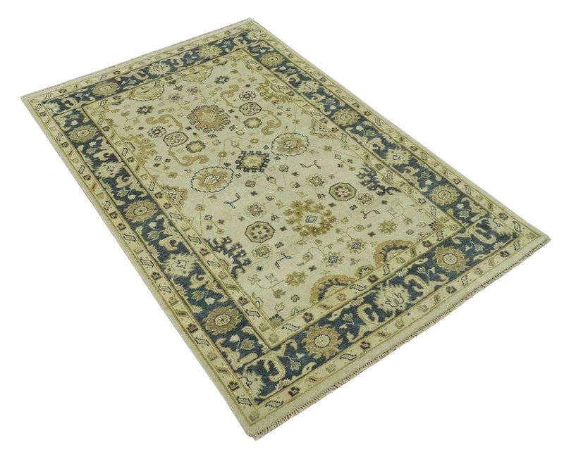 Beige and Charcoal 6x9 Hand Knotted Traditional Oriental Oushak wool area rug - The Rug Decor