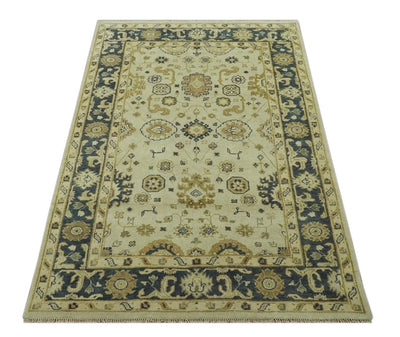 Beige and Charcoal 6x9 Hand Knotted Traditional Oriental Oushak wool area rug - The Rug Decor