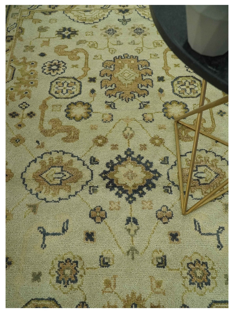 Beige and Charcoal 6x9 Hand Knotted Traditional Oriental Oushak wool area rug - The Rug Decor