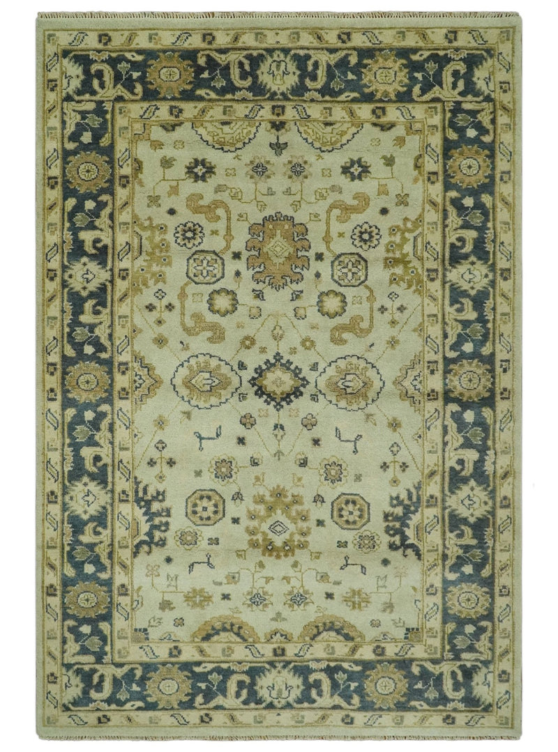 Beige and Charcoal 6x9 Hand Knotted Traditional Oriental Oushak wool area rug - The Rug Decor