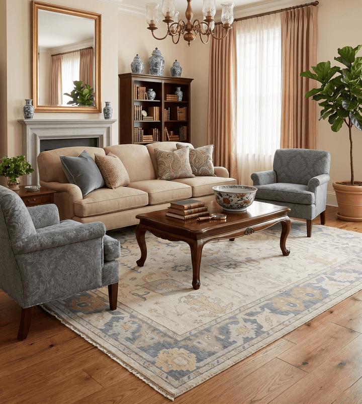 Beige and Gray Hand Knotted Traditional Persian Oushak Wool Rug - The Rug Decor