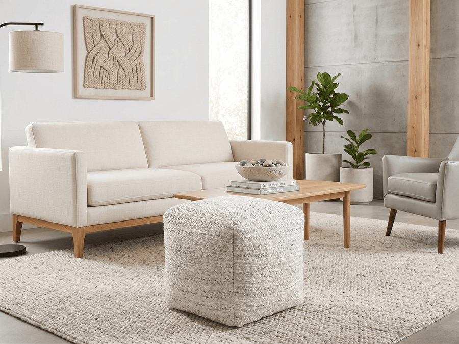 Beige and Gray Modern Chevron Handwoven Viscose Pouf - The Rug Decor