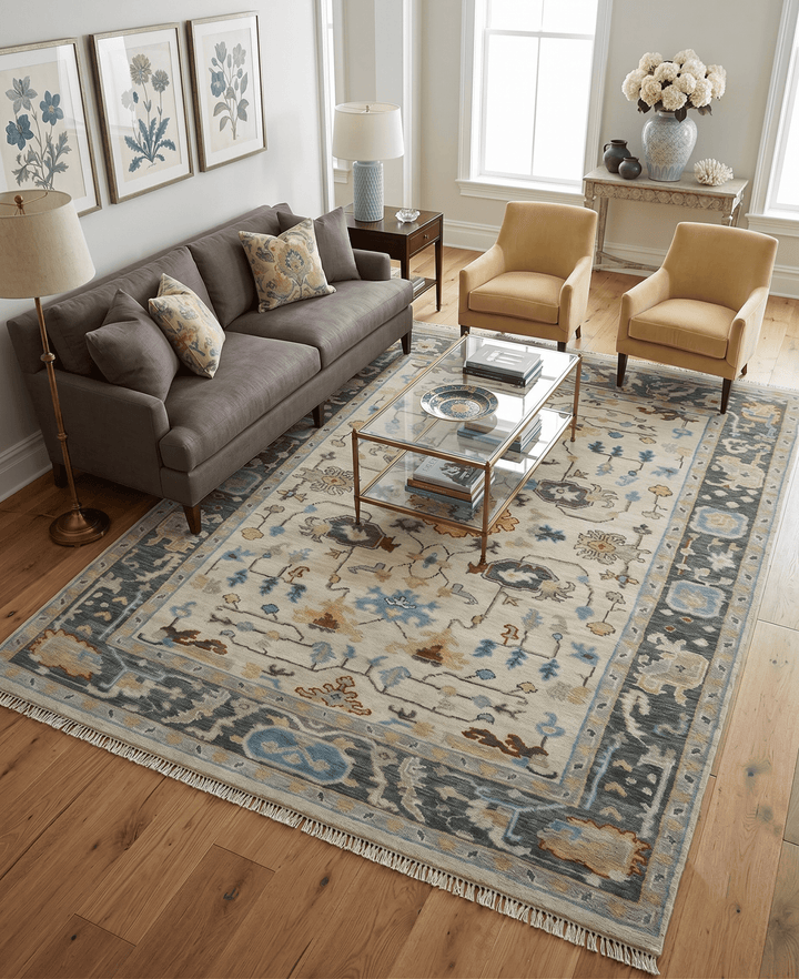 Beige and Gray Traditional Oriental Oushak Hand Knotted Wool Area Rug - The Rug Decor