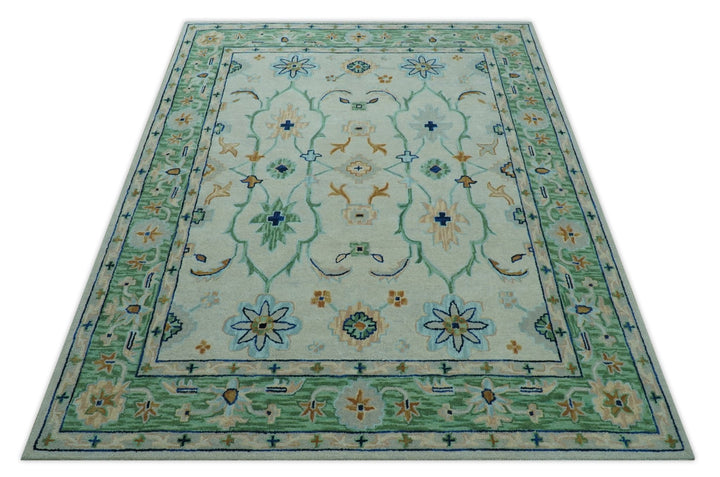 Beige and Green traditional Floral Oriental Oushak Hand Tufted Multi Size wool rug - The Rug Decor
