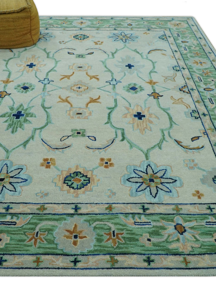 Beige and Green traditional Floral Oriental Oushak Hand Tufted Multi Size wool rug - The Rug Decor