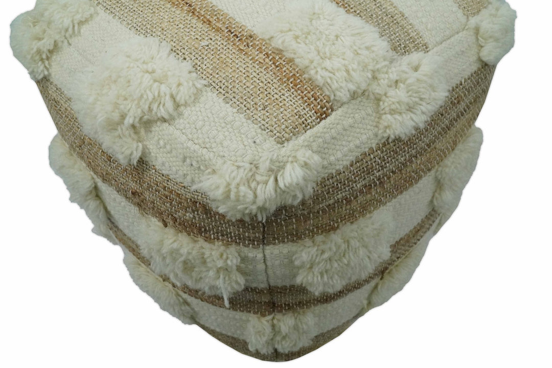 Beige and Ivory Geometrical Stripes Design Fringed wool and jute Pouf - The Rug Decor