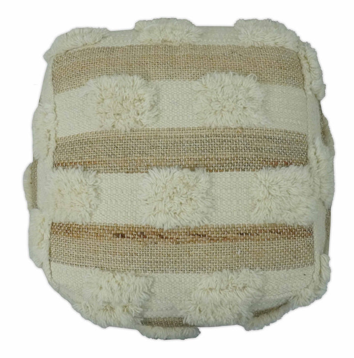 Beige and Ivory Geometrical Stripes Design Fringed wool and jute Pouf - The Rug Decor