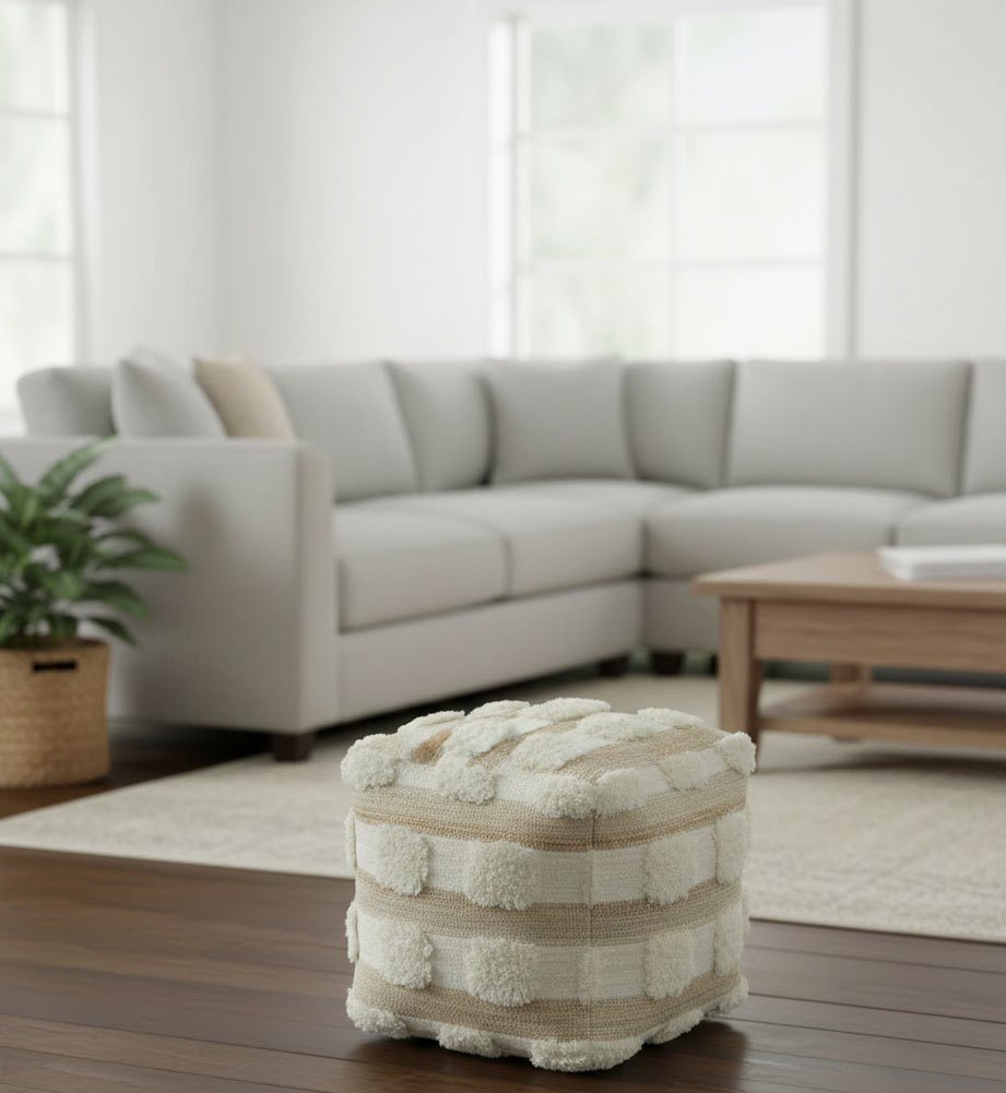 Beige and Ivory Geometrical Stripes Design Fringed wool and jute Pouf - The Rug Decor