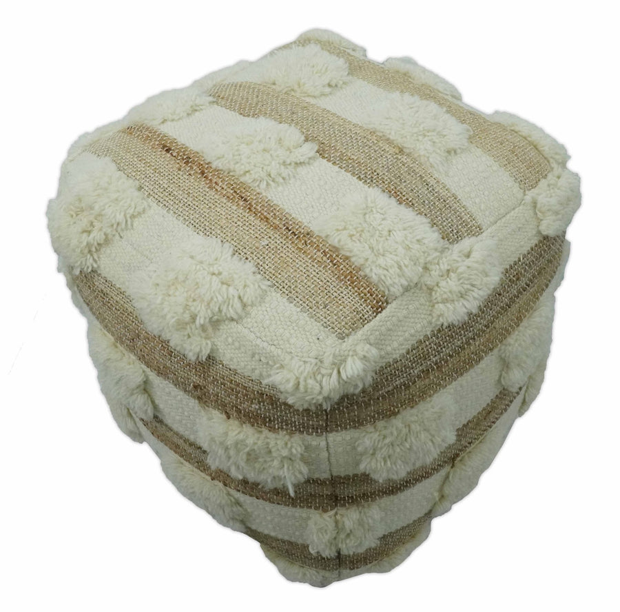 Beige and Ivory Geometrical Stripes Design Fringed wool and jute Pouf - The Rug Decor