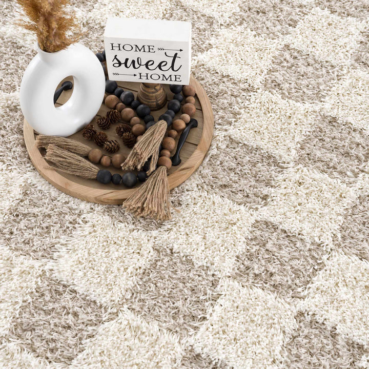 Beige and Ivory Modern Geometrical Checkered Plush Pile Moroccan Style Area Rug - The Rug Decor