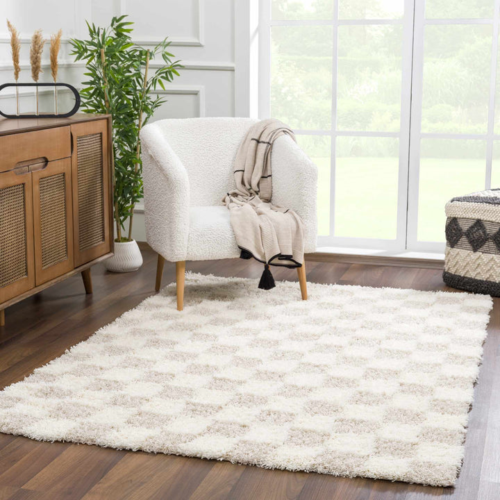 Beige and Ivory Modern Geometrical Checkered Plush Pile Moroccan Style Area Rug - The Rug Decor