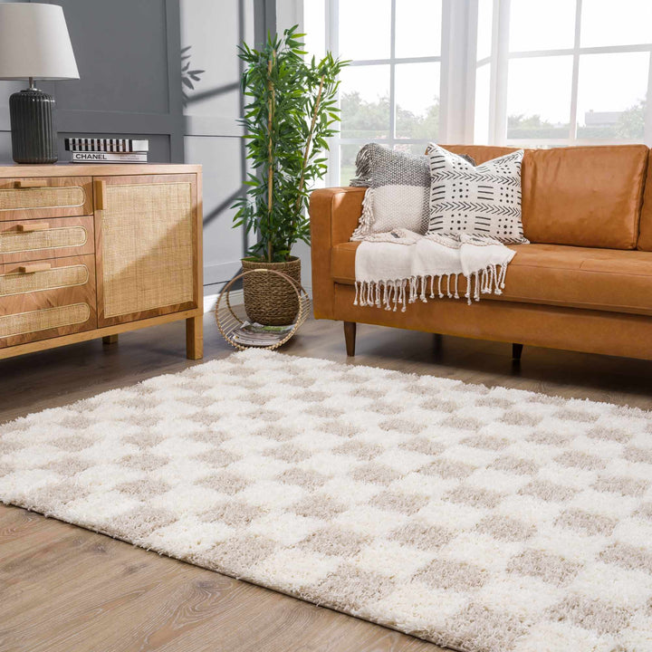 Beige and Ivory Modern Geometrical Checkered Plush Pile Moroccan Style Area Rug - The Rug Decor