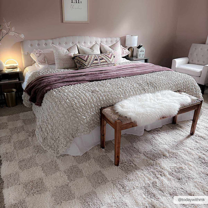 Beige and Ivory Modern Geometrical Checkered Plush Pile Moroccan Style Area Rug - The Rug Decor