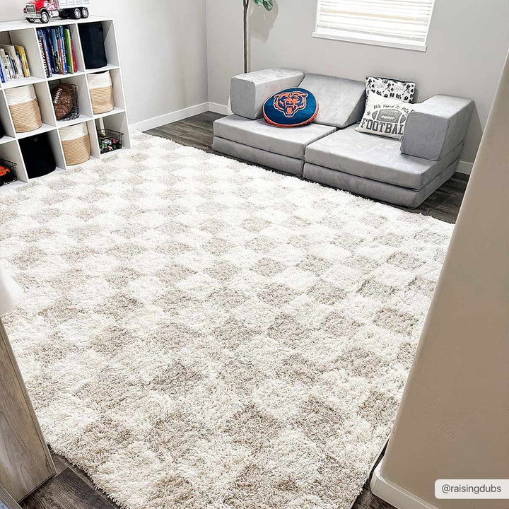 Beige and Ivory Modern Geometrical Checkered Plush Pile Moroccan Style Area Rug - The Rug Decor