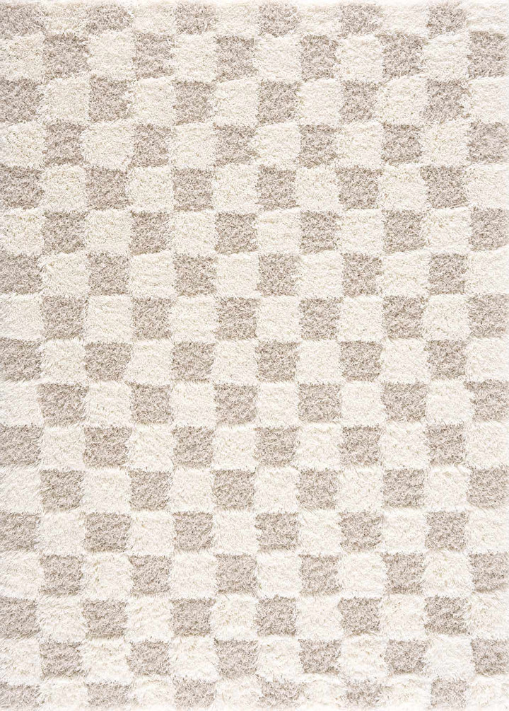 Beige and Ivory Modern Geometrical Checkered Plush Pile Moroccan Style Area Rug - The Rug Decor