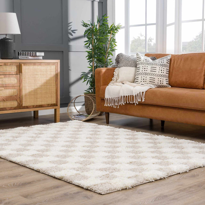 Beige and Ivory Modern Geometrical Checkered Plush Pile Moroccan Style Area Rug - The Rug Decor