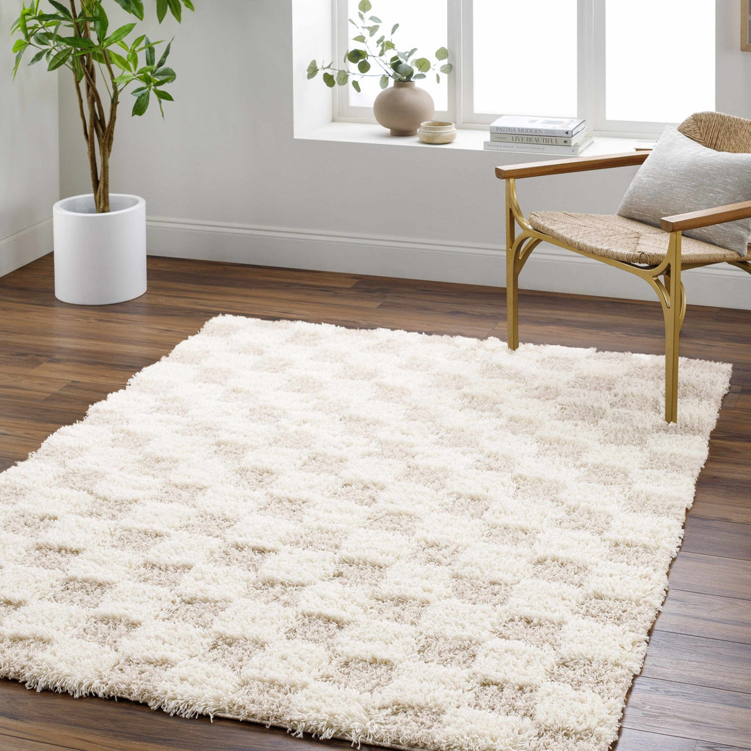 Beige and Ivory Modern Geometrical Checkered Plush Pile Moroccan Style Area Rug - The Rug Decor