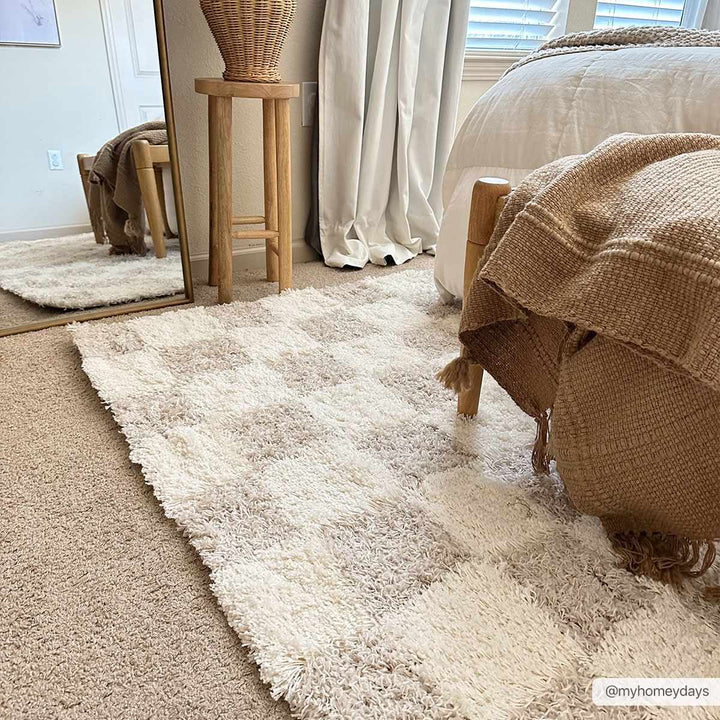 Beige and Ivory Modern Geometrical Checkered Plush Pile Moroccan Style Area Rug - The Rug Decor