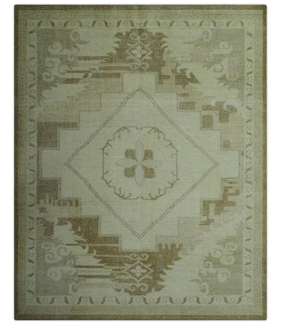 Beige and Olive 8x10 Hand Knotted Traditional Low Pile wool area rug - The Rug Decor